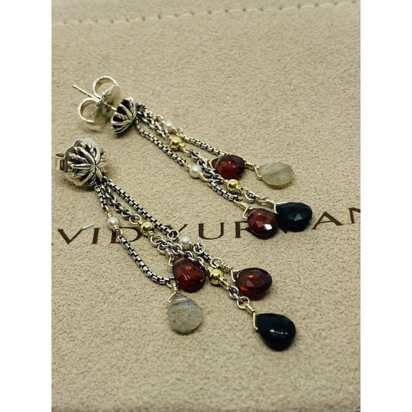 David Yurman Multi-Stone Pearl Sterling Silver Drop Earrings 18K 750 - Picture 2 of 12